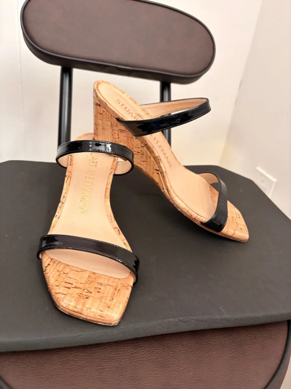 Stuart Weitzman Black Patent and Cork Wedge Sandals - Picture 2 of 3